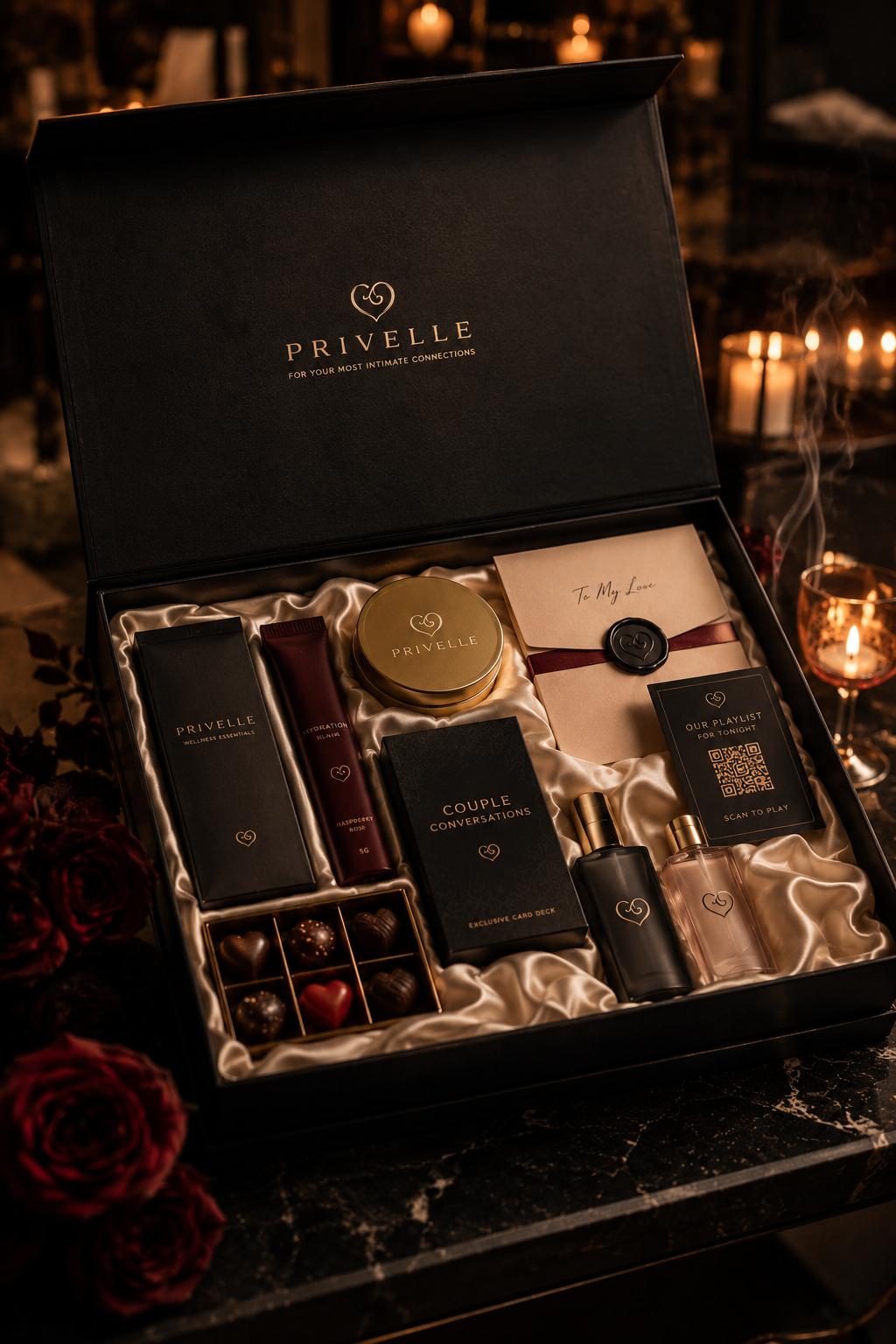Luxury matte black Privelle couple gifting box with champagne gold ribbon, satin interior, candles, cards, chocolates, couple perfumes, personalised letter, and discreet wellness essentials