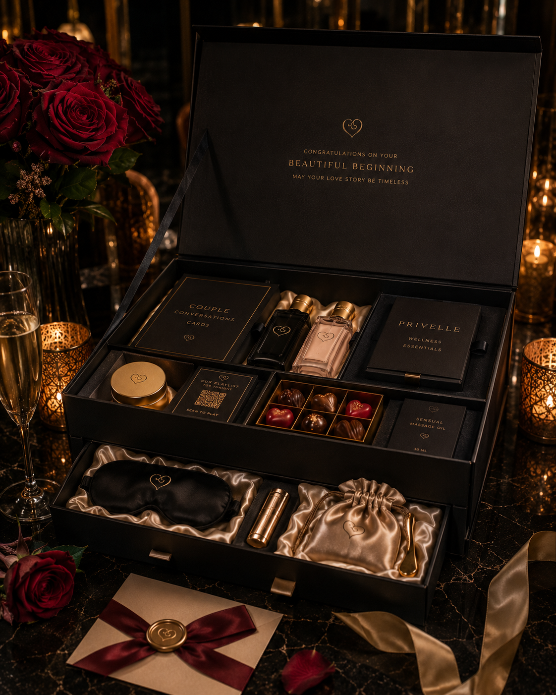 Newlywed luxury intimacy kit in matte black box with satin wrap, romantic accessories, music card, candles, chocolates, perfumes, and wellness essentials