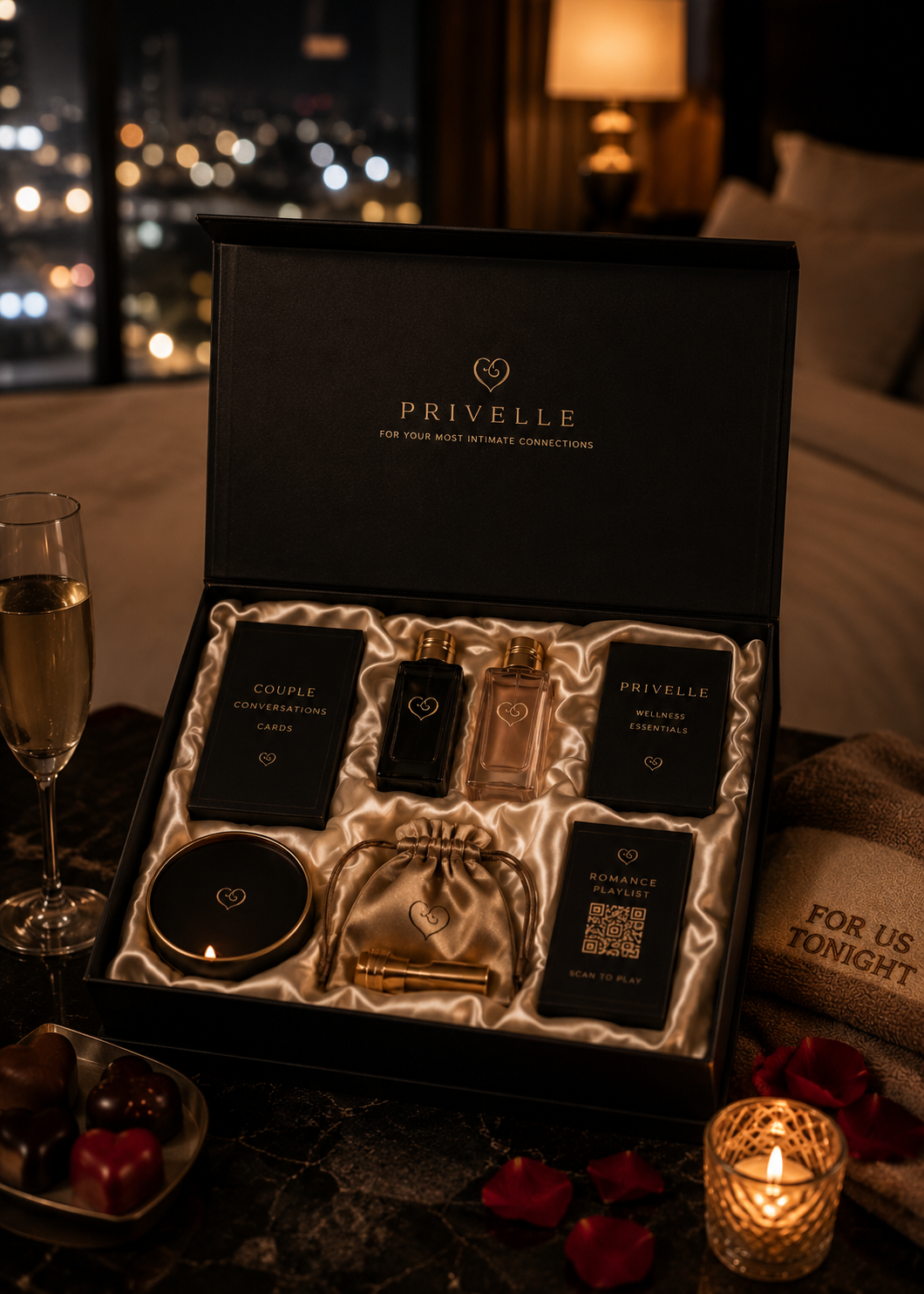 Premium weekend escape couple kit with travel-size perfumes, scented candle, couple games, chocolates, personalised card, and discreet wellness products